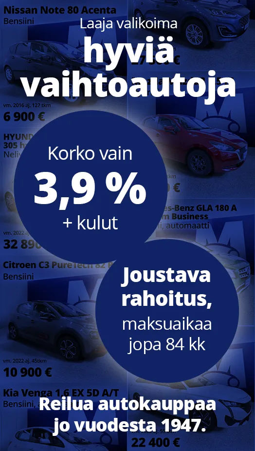 Korkotarjous vaihtoautoihin 3,9% + kulut Mäkelän Auto Oy